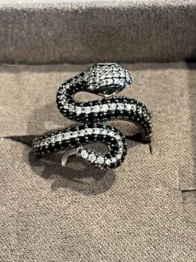 Snake Ring Black and White CZ, Faux Emerald Eyes. Size 8